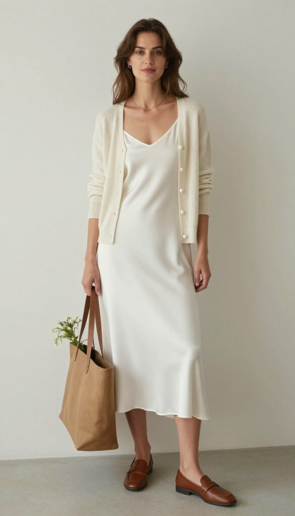 Woman in pearl slip dress with pearl cardigan and loafers at indoor wedding venue