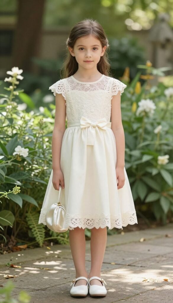 Young girl in ivory lace-trimmed dress with large floral back bow, white Mary Janes, and satin clutch, standing in sunlit church garden