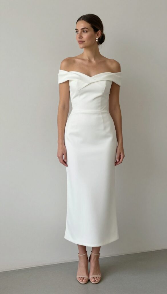 Woman in off-shoulder white wedding dress with pearl earrings and nude heels in a sunlit garden
