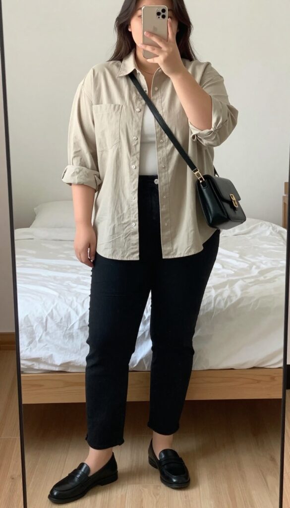A woman in an oversized untucked button-down shirt, black jeans, and loafers, carrying a crossbody bag, standing in a casual office setting.