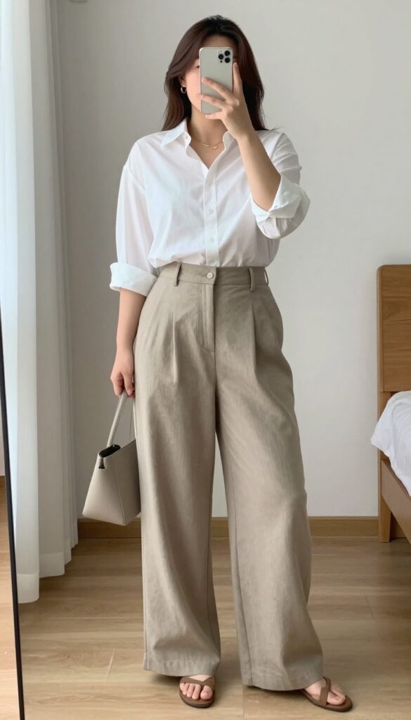 Woman in white button-down shirt half-tucked into high-waisted wide-leg trousers, loafers, and structured tote bag, standing in a bright office setting.