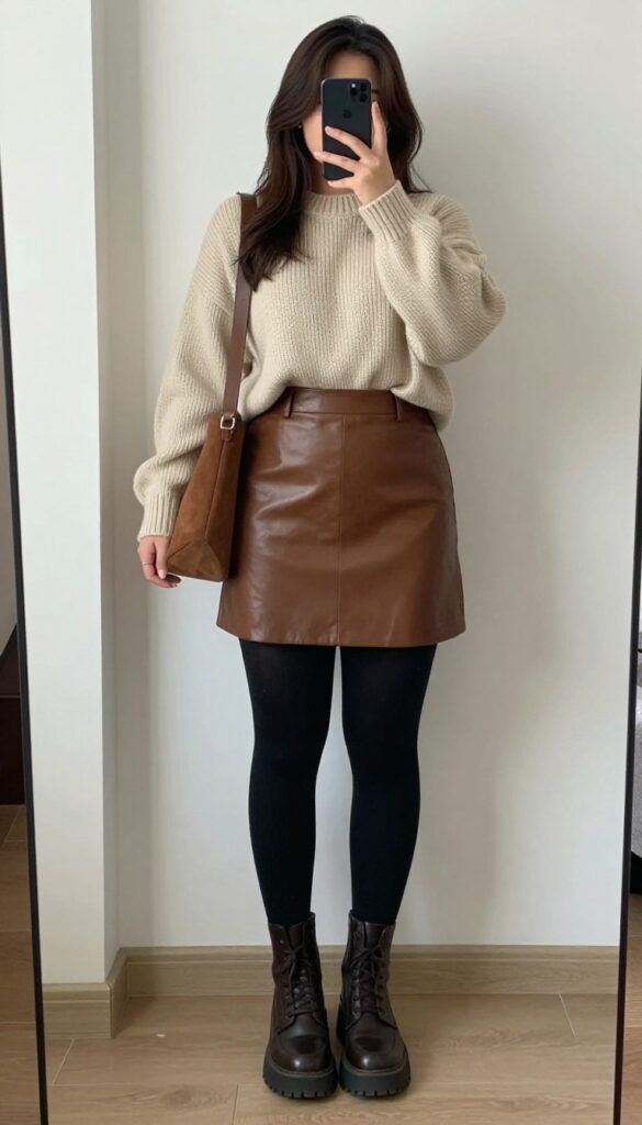 Woman in brown leather midi skirt and oversized cream knit sweater, front-tucked, with black tights and chunky loafers, holding a suede crossbody bag, in a casual fall setting.