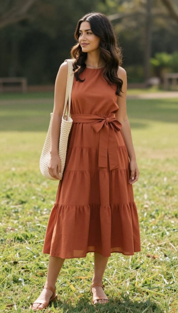 Woman in terracotta tiered midi dress with wide bow sash, tan sandals, and woven tote bag in sunlit field