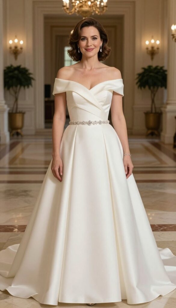 Woman in off-shoulder ivory satin ball gown with crystal belt, standing in grand ballroom with chandeliers