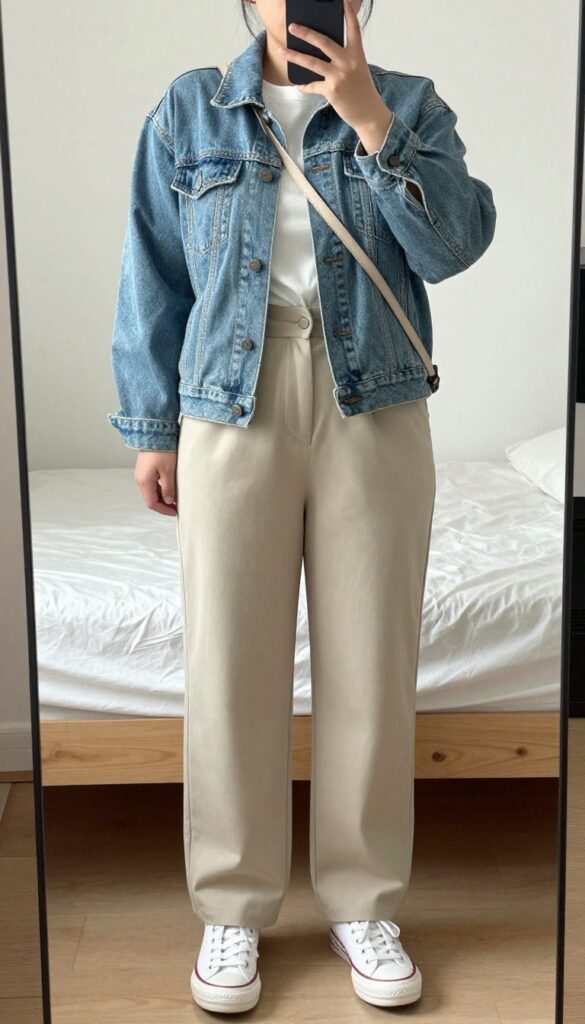 Woman in beige jumpsuit and denim jacket taking mirror selfie, phone partially covering face