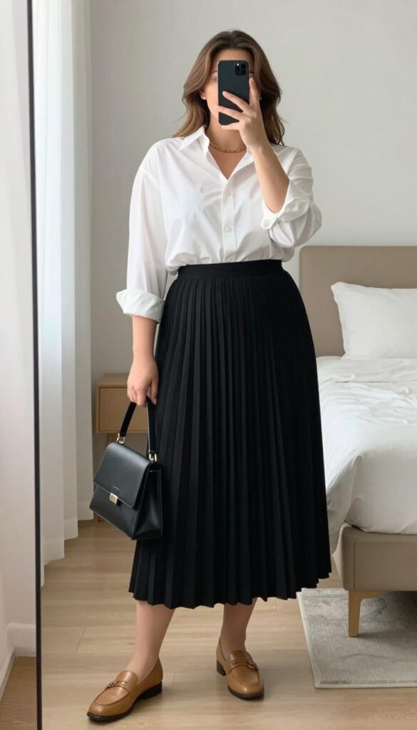 Plus-size woman in white button-down shirt and black pleated skirt, taking a mirror selfie in a bright room, polished yet casual outfit.