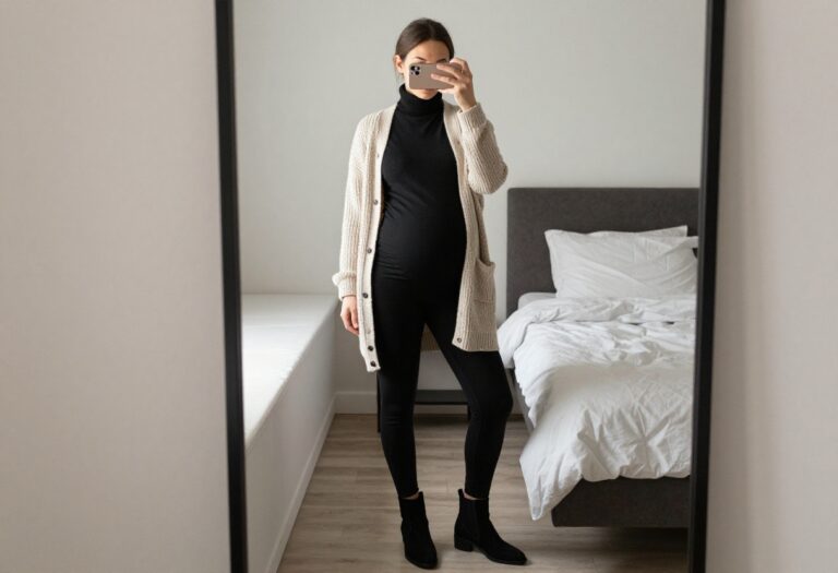 Pregnant woman in Knit Mondays cardigan and maternity turtleneck taking a mirror selfie in bedroom