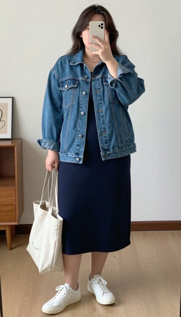Denim jacket layered over a midi dress with white sneakers and a canvas tote bag.
