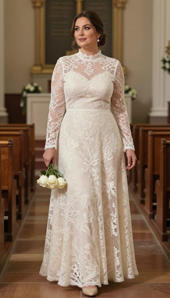 Curvy bride in high-neck lace gown with long sleeves, standing in church with bouquet of white roses