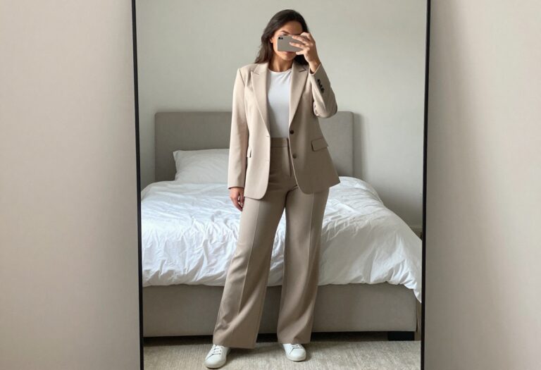 Woman in business casual outfit with white sneakers taking a mirror selfie in bedroom