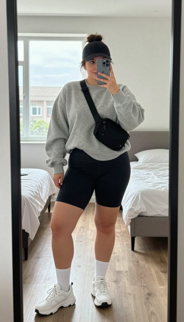 Plus-size woman in oversized neutral sweatshirt and black biker shorts taking a mirror selfie, with chunky sneakers, crew socks, and a belt bag, in bright natural light.
