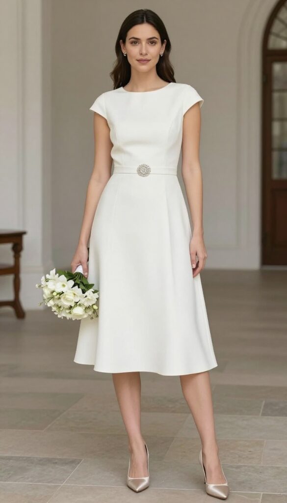 Bride in pearl white knee-length dress with rhinestone brooch at waist, neutral satin heels, holding bouquet, in church interior