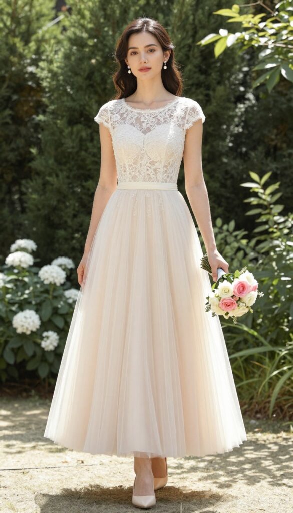Bride in two-tone ball gown with ivory lace bodice and blush tulle skirt in garden