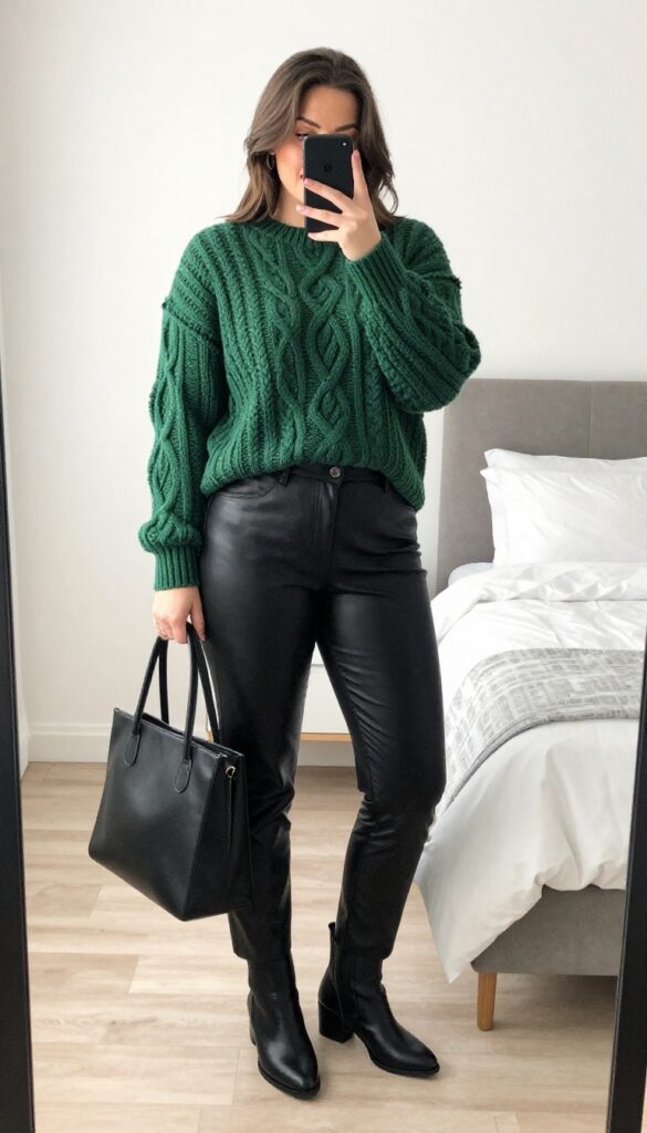 Woman in forest green sweater and black leather pants, mirror selfie, holiday business casual