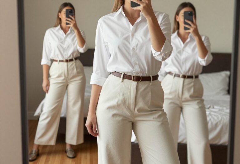 Woman in white button-down and wide-leg trousers taking a mirror selfie in bedroom