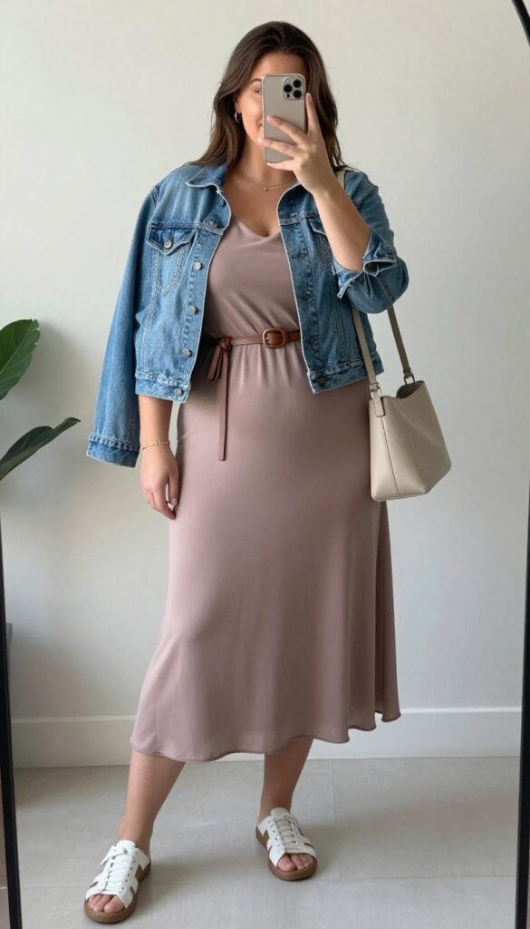Plus-size woman in a flowy midi dress with a belted waist, light denim jacket, and white sneakers, taking a mirror selfie in a bright room.