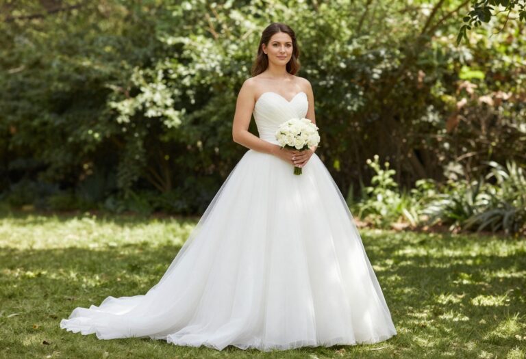 Bride in a big poofy white ball gown wedding dress with sweetheart neckline in a garden