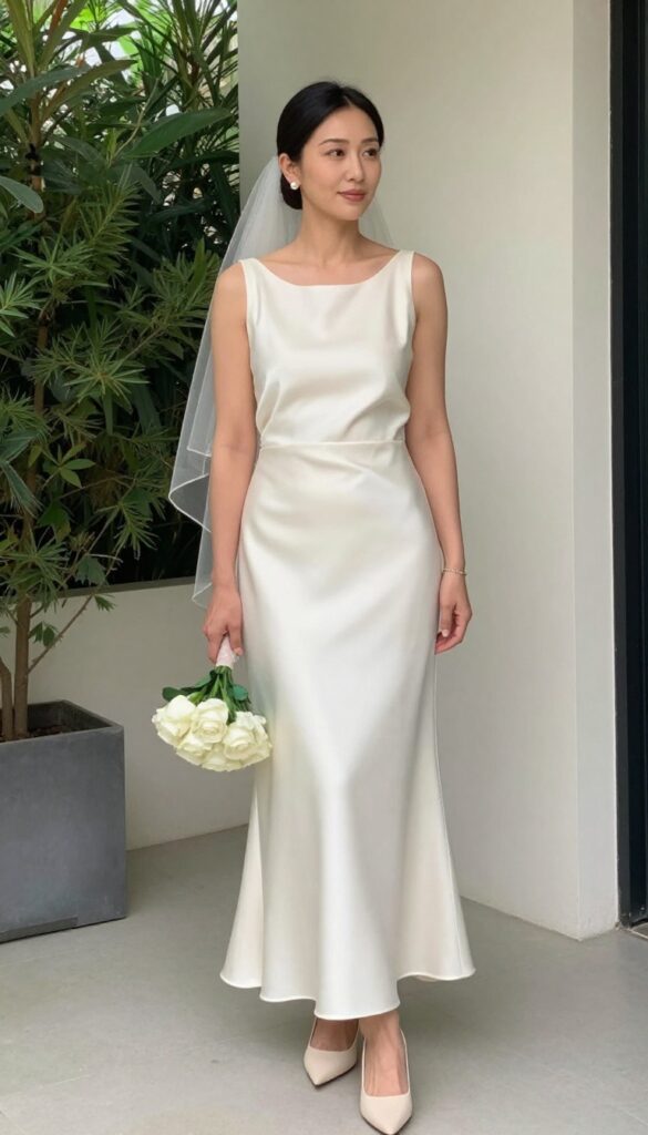 Bride in simple satin A-line dress with blusher veil, standing in softly lit church aisle, holding white rose bouquet.
