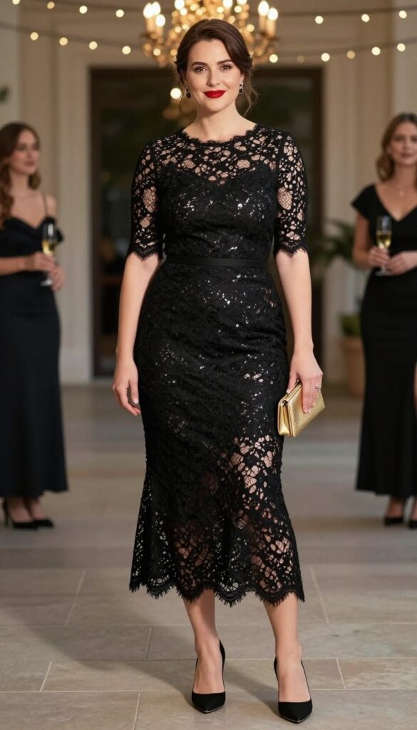 Midsize woman wearing black lace fit-and-flare dress with scalloped hem, black stilettos, gold clutch, and red lips at evening wedding reception in softly lit ballroom with fairy lights.