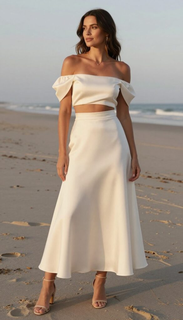 Woman in ivory two-piece crop top and skirt set on beach at sunset