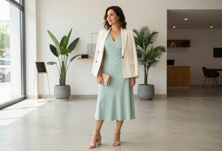 Woman in sage green midi dress with cream blazer and nude heels, standing in a bright modern indoor setting.