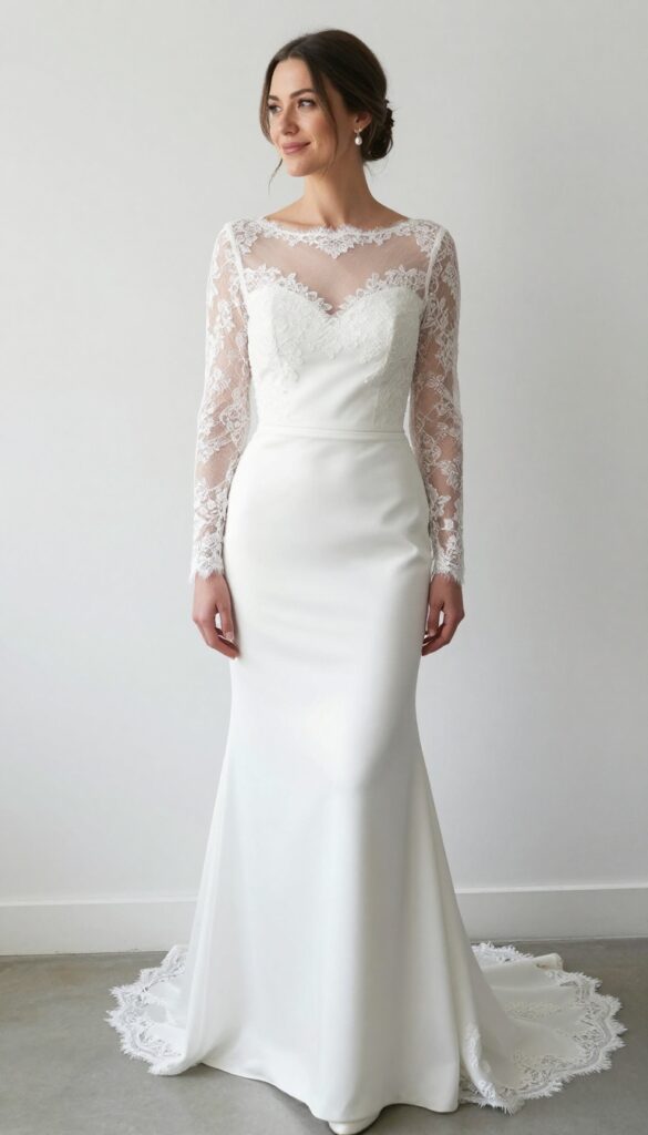 Woman in fitted white wedding dress with sheer illusion neckline and lace-trimmed train