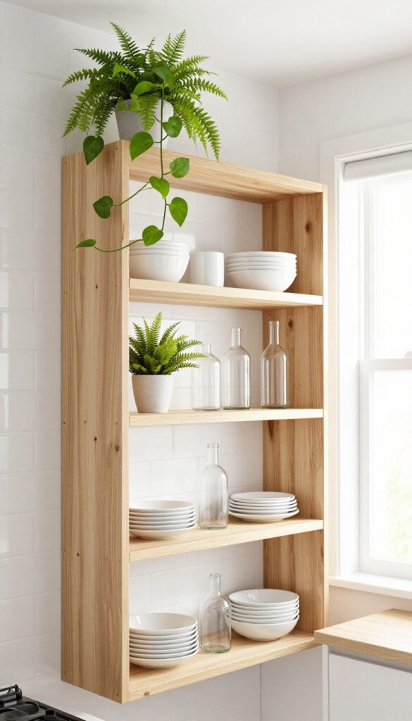 Light and airy kitchen with open shelving, white dishes, and trailing greenery.