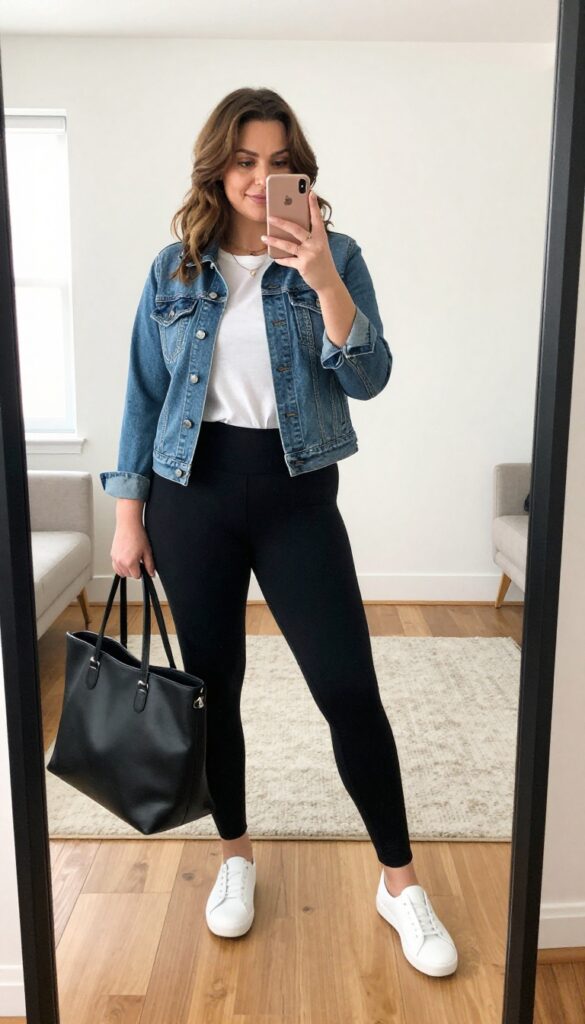 A plus-size mom in a denim jacket, black leggings, and white sneakers takes a mirror selfie in a bright living room.