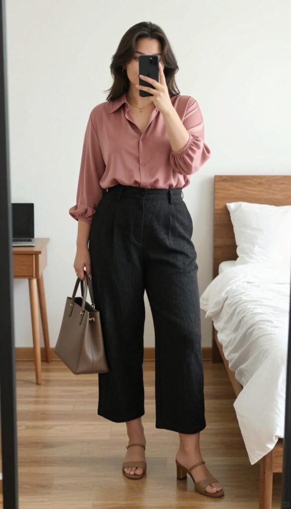 A woman in black culottes and a dusty rose silk blouse, posing in a mirror selfie, holding a phone, with a structured tote and heeled mules.