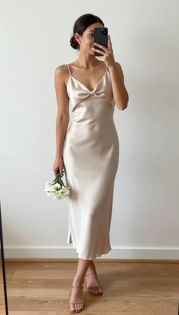 Young woman with long brown hair in low bun, wearing champagne silk slip dress with single bow at back, standing in sunlit minimalist room, holding white bouquet, full-length shot, natural lighting.