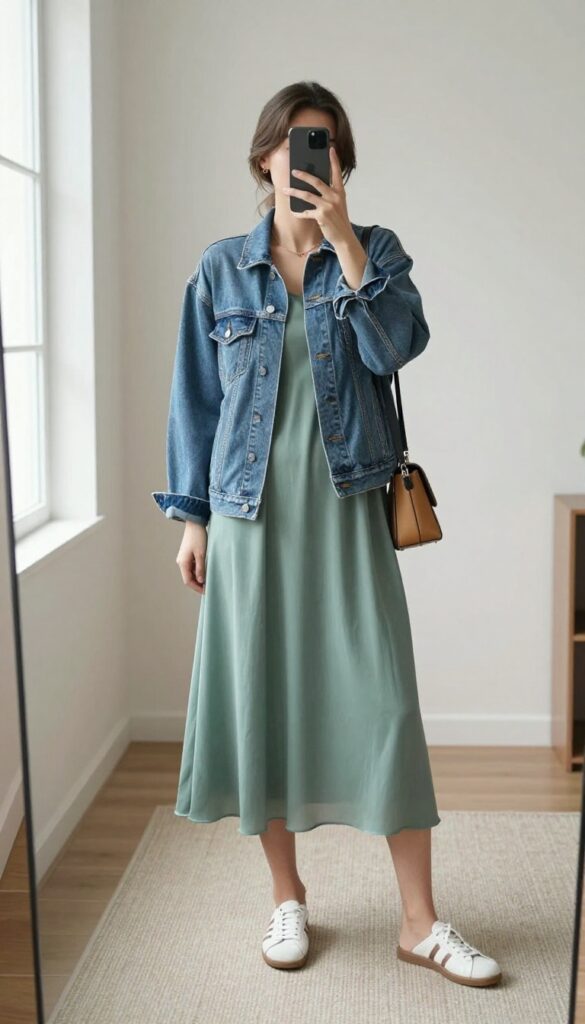 A young mom in a flowy maxi dress and denim jacket takes a mirror selfie, showcasing a practical and stylish outfit for errands and casual outings.