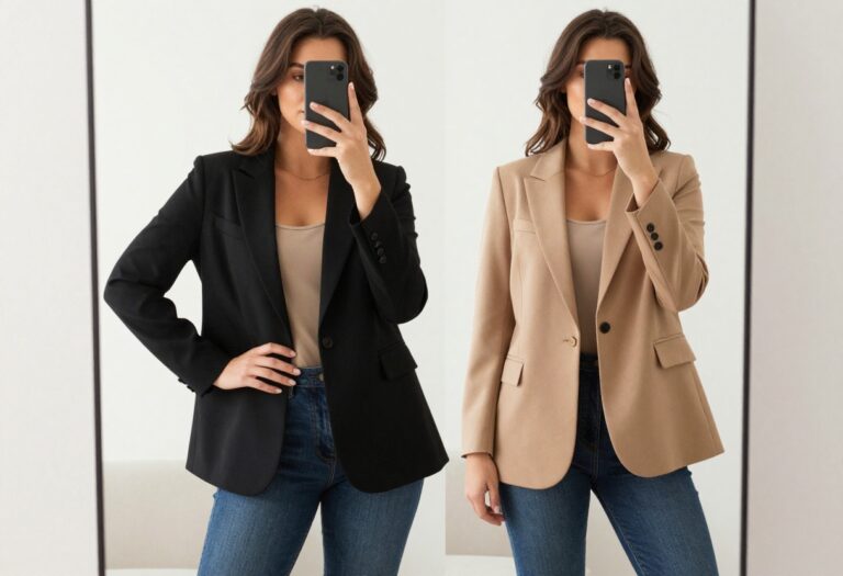 Plus-size model in a structured blazer and fitted jeans taking a mirror selfie, showcasing a balanced, confident outfit ideal for brunch or casual outings.