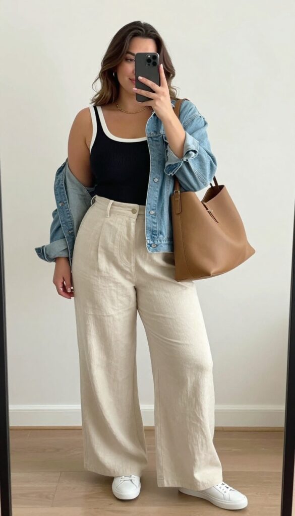 Plus-size woman in high-waisted wide-leg pants and fitted tank top, holding a mirror selfie with phone, wearing white sneakers and carrying a tan tote, cropped denim jacket over shoulder.