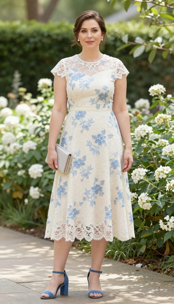 Midsize woman in ivory lace midi dress with blue floral embroidery, blue suede heels, beaded clutch, pearl earrings, standing in garden.