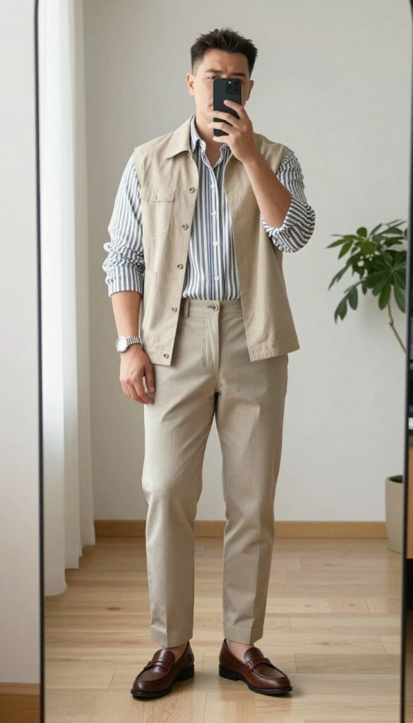 Plus-size man in vertical stripe shirt and neutral chinos taking a mirror selfie, showcasing a sharp casual outfit with loafers and a draped jacket.