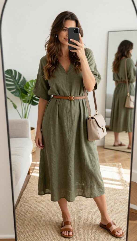 A woman in a belted midi button-down dress and sandals takes a mirror selfie in a bright room, showcasing a relaxed boho outfit.