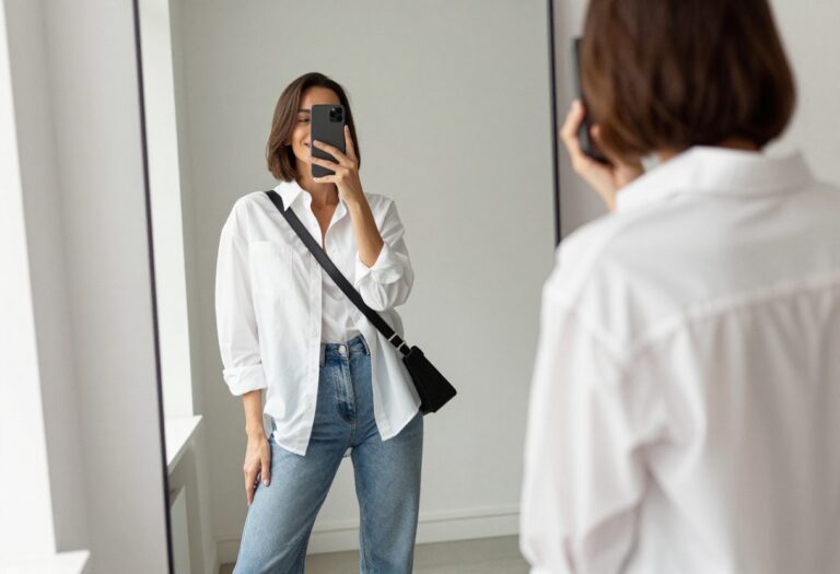 A mother in relaxed jeans and an oversized button-down shirt takes a mirror selfie, showcasing a stylish yet practical mom outfit.