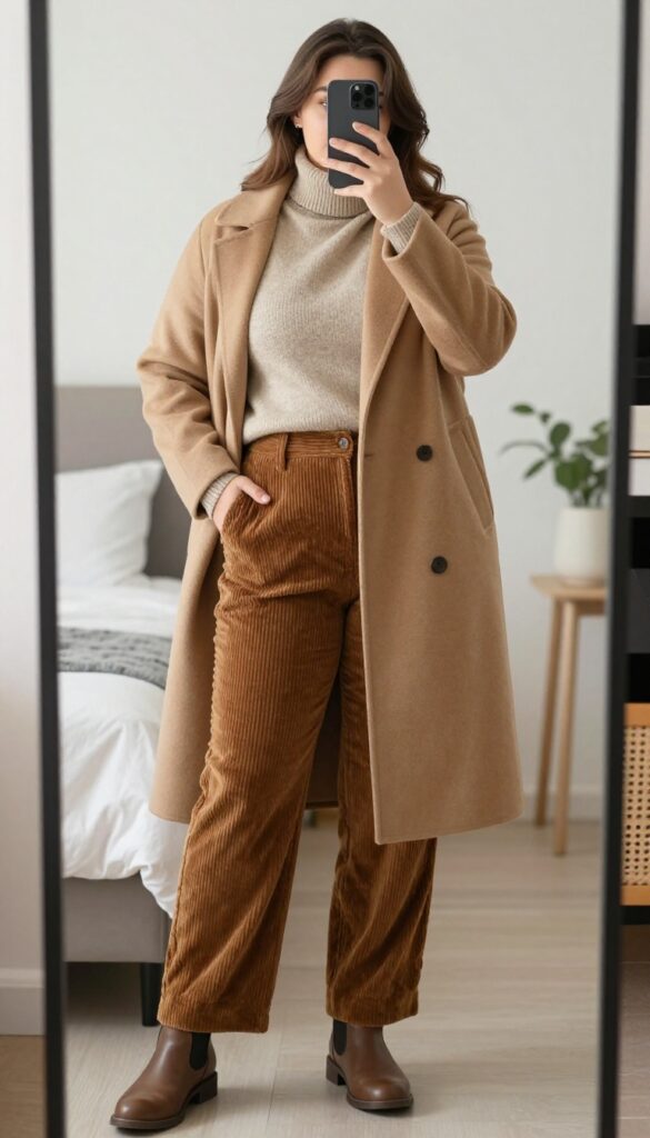 Corduroy pants and turtleneck outfit with Chelsea boots