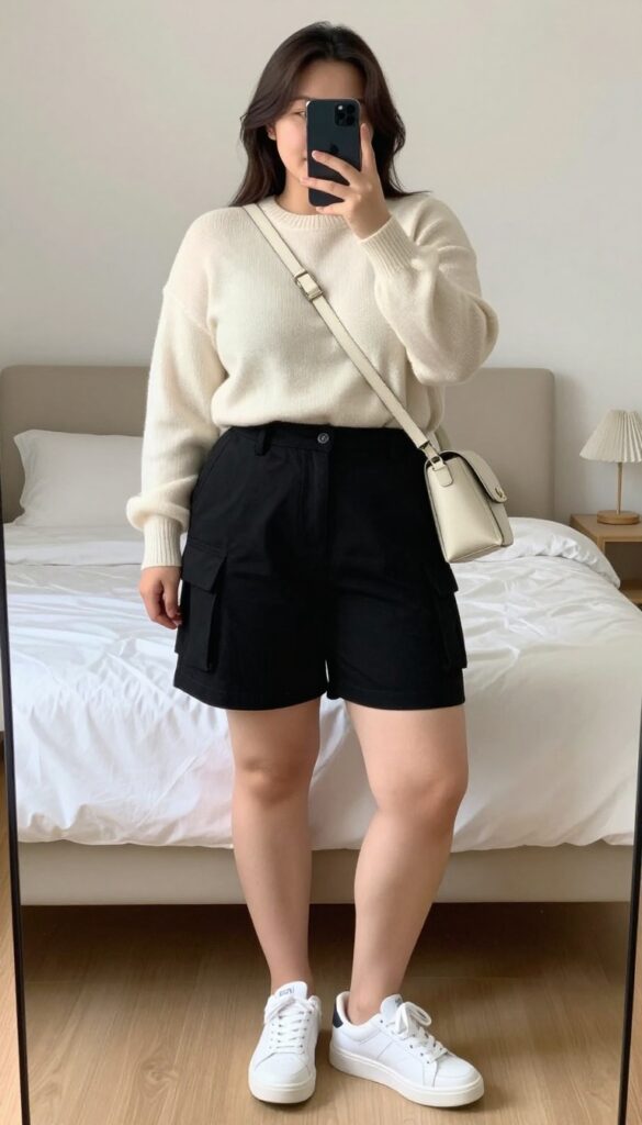 Woman wearing black cargo shorts and a fitted cream cashmere sweater, tucked in with a slim belt, white sneakers, and a crossbody bag.