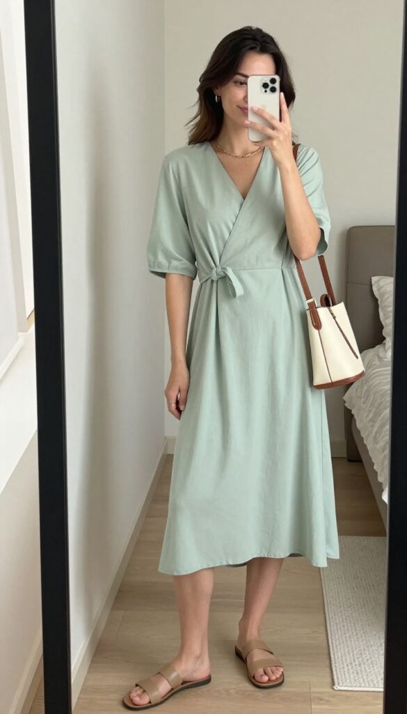 Woman taking a mirror selfie wearing a casual sage green wrap dress and flat tan sandals, holding a small brown crossbody bag, with loose wavy hair and minimal jewelry, in a sunlit room.