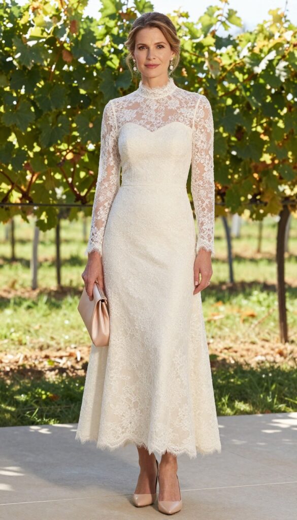 Woman in high-neck lace wedding dress with bishop sleeves standing in sunlit vineyard, soft updo and pearl earrings, holding blush clutch.