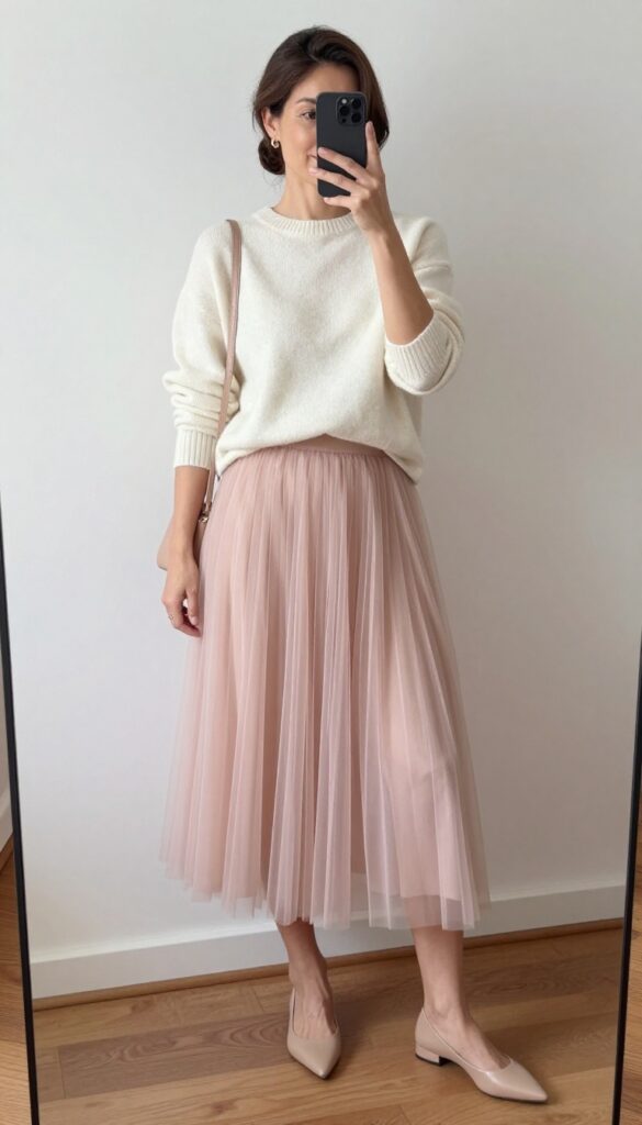 Woman in blush tulle skirt and cream cashmere sweater with nude flats in bright room