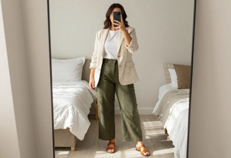 Woman in cream linen blazer and olive wide-leg trousers taking a mirror selfie in bedroom, business casual outfit idea for warm weather.