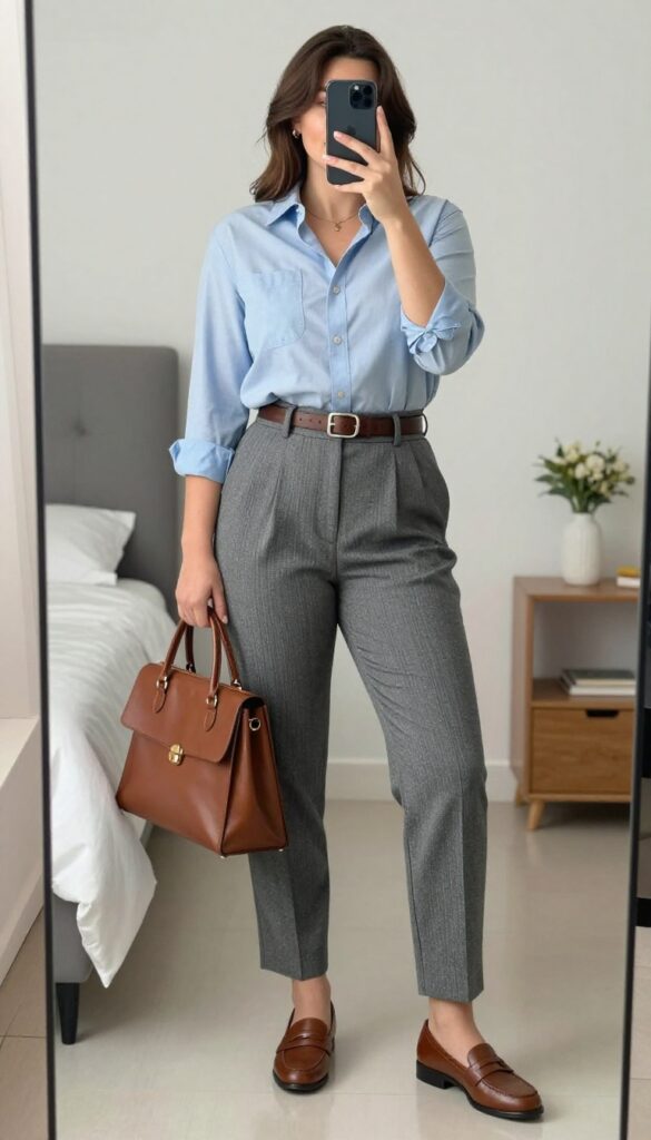 Woman in grey pleated pants and chambray shirt with brown belt and loafers, holding a satchel.