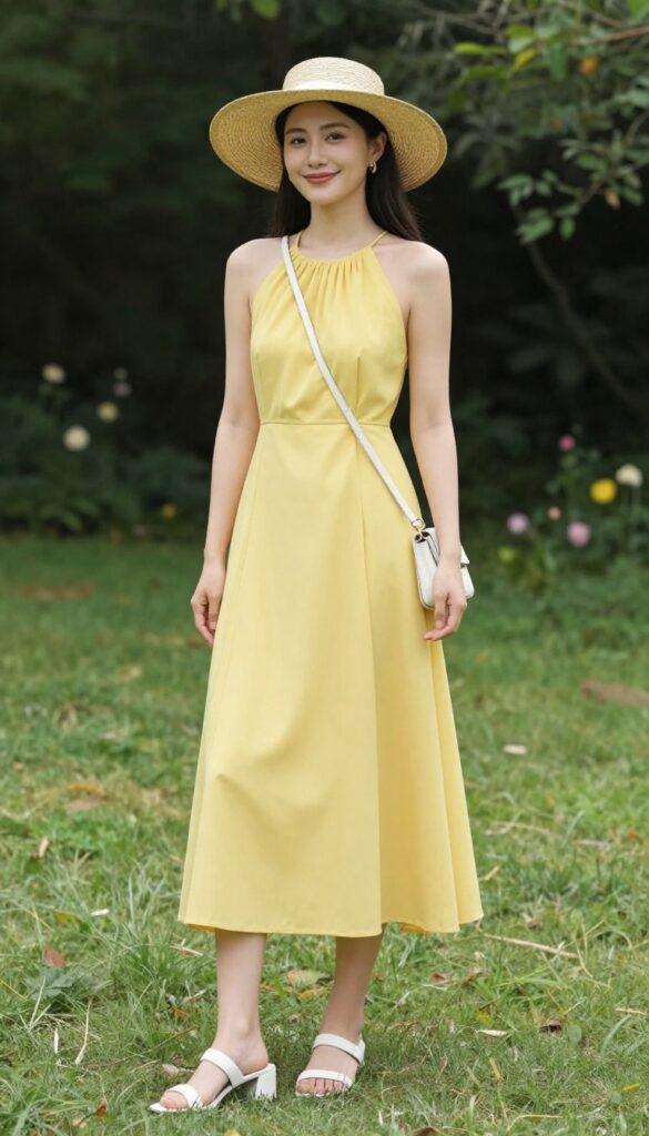 Adult woman in bright yellow slit dress with white block heels and straw hat at garden wedding