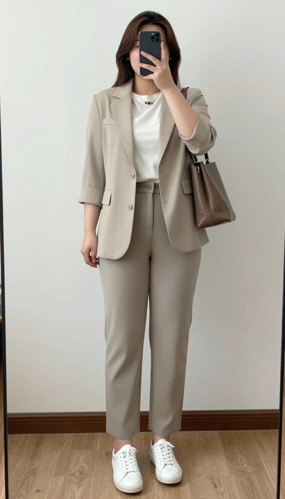 A woman in a blazer, graphic tee, and tailored trousers, posing in a city office setting.