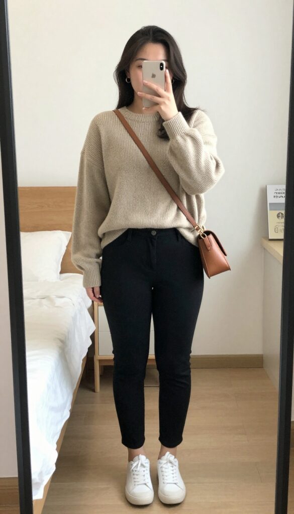 Woman in oversized oatmeal sweater, black cigarette pants, and white sneakers, taking a mirror selfie in a bedroom.