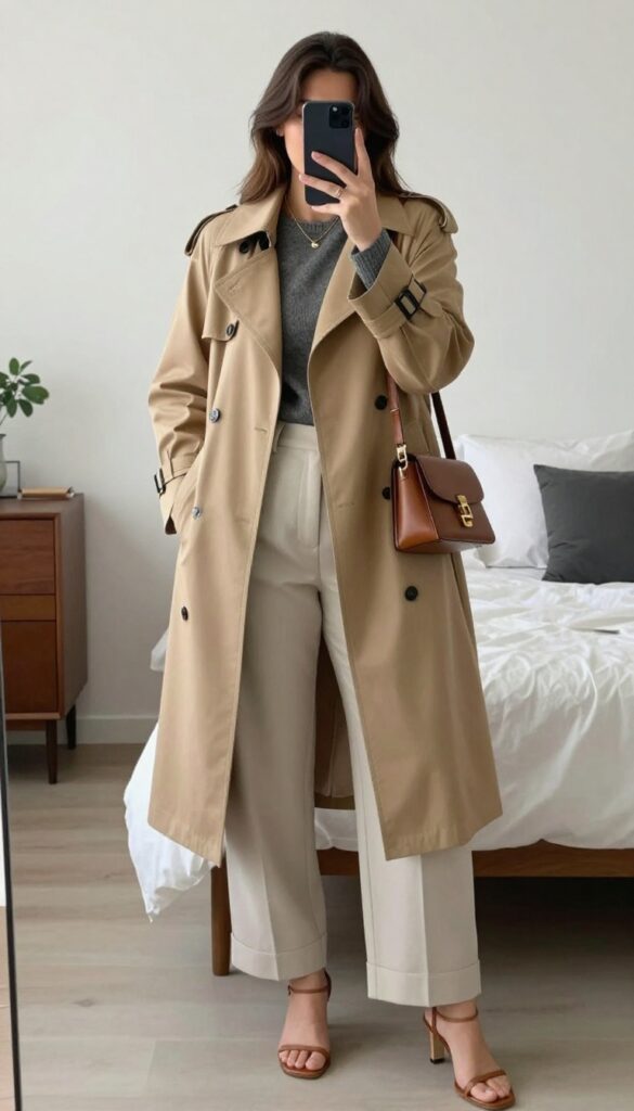 A woman in a trench coat, cashmere sweater, and wide-leg trousers, posing in a business casual outfit.