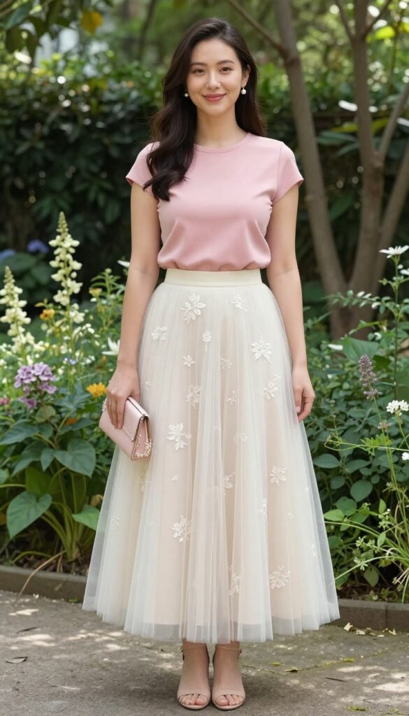 Woman in pastel pink cropped top and embroidered ivory tulle skirt with nude heels and pearl earrings in garden