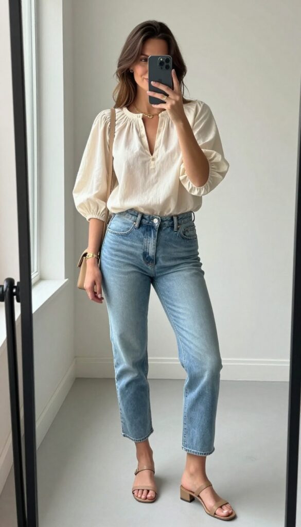 Woman in cream blouse and cropped jeans taking a mirror selfie, casual chic outfit.